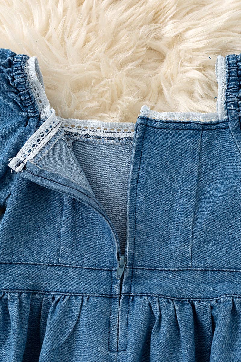 Denim blue Wide flare denim dress with white lace hem.