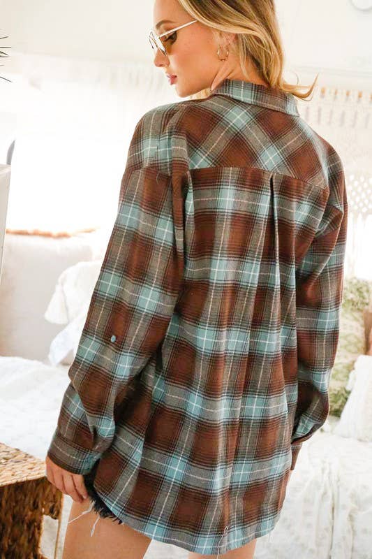 Collared Pocket Detail Roll-Up Cotton Plaid Shirt VT70146C