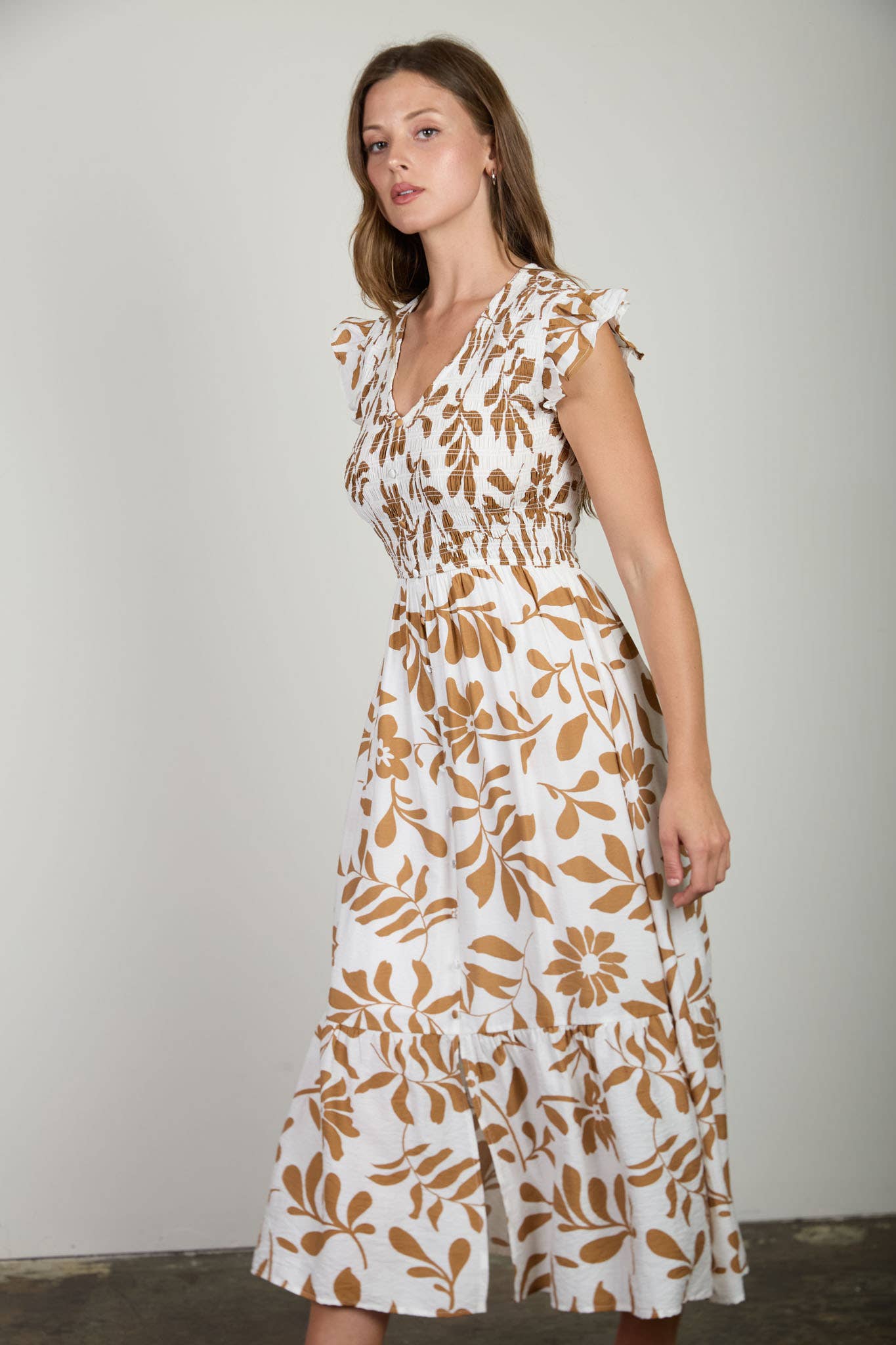 FLORAL LEAF PRINT SMOCKED MOCK BUTTON MIDI DRESS