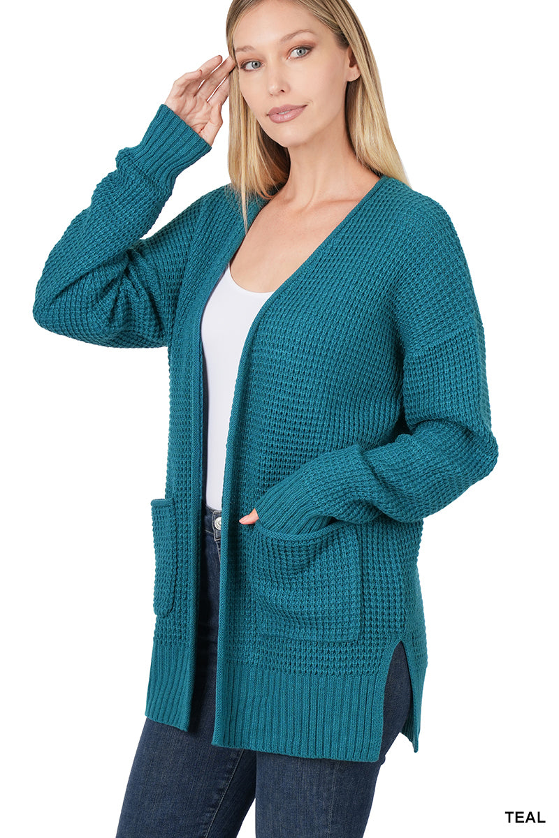 Low gauge waffle open cardigan sweater