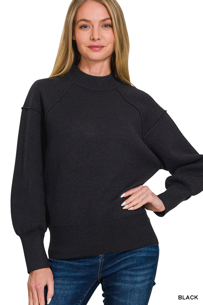 VISCOSE MOCK NECK EXPOSED SEAM SWEATER