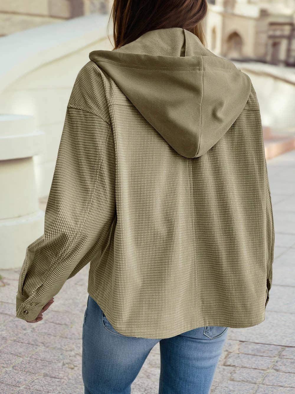 Solid Color Contrast Textured Patchwork Flap Pocket Shacket