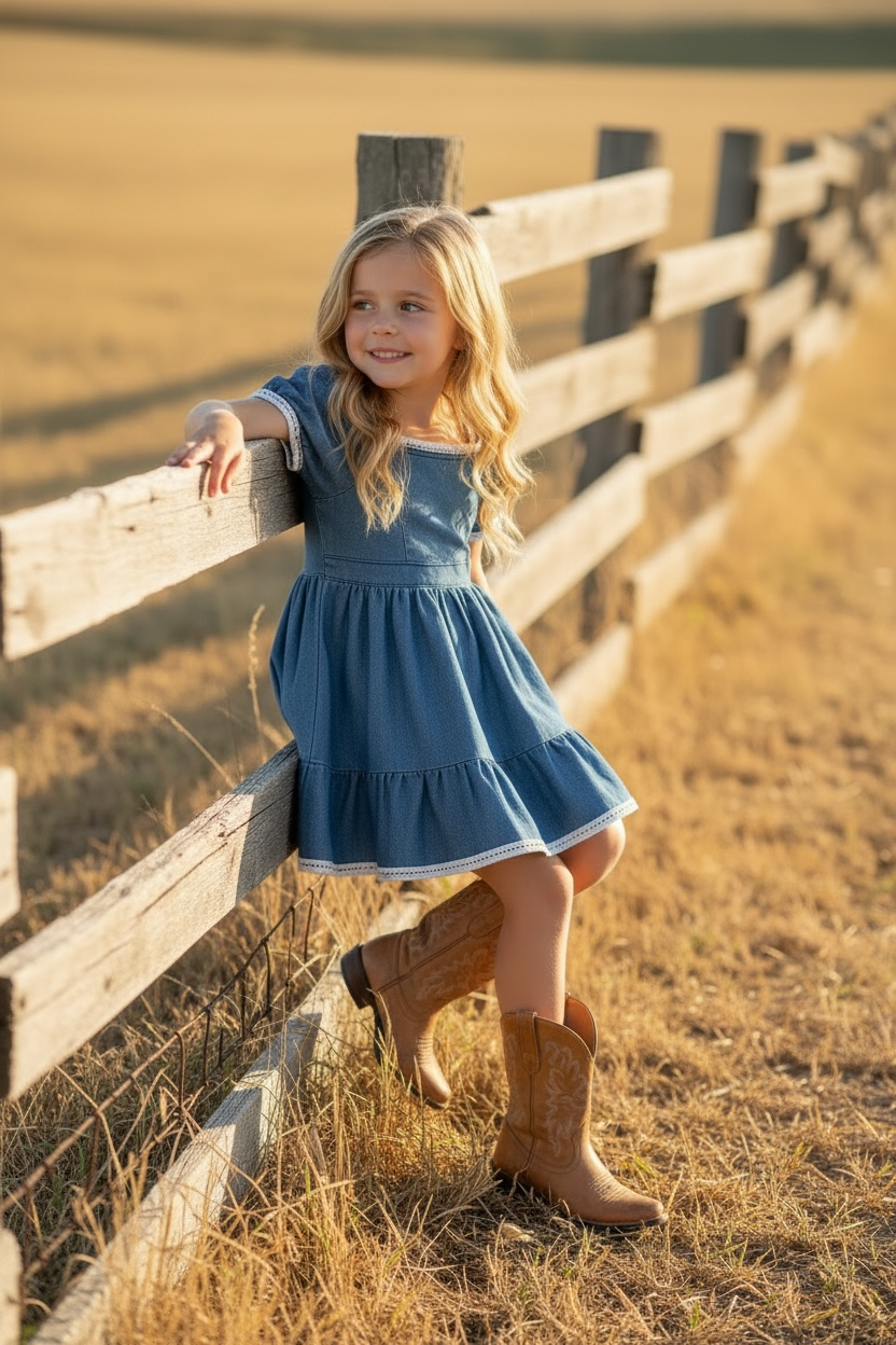Denim blue Wide flare denim dress with white lace hem.