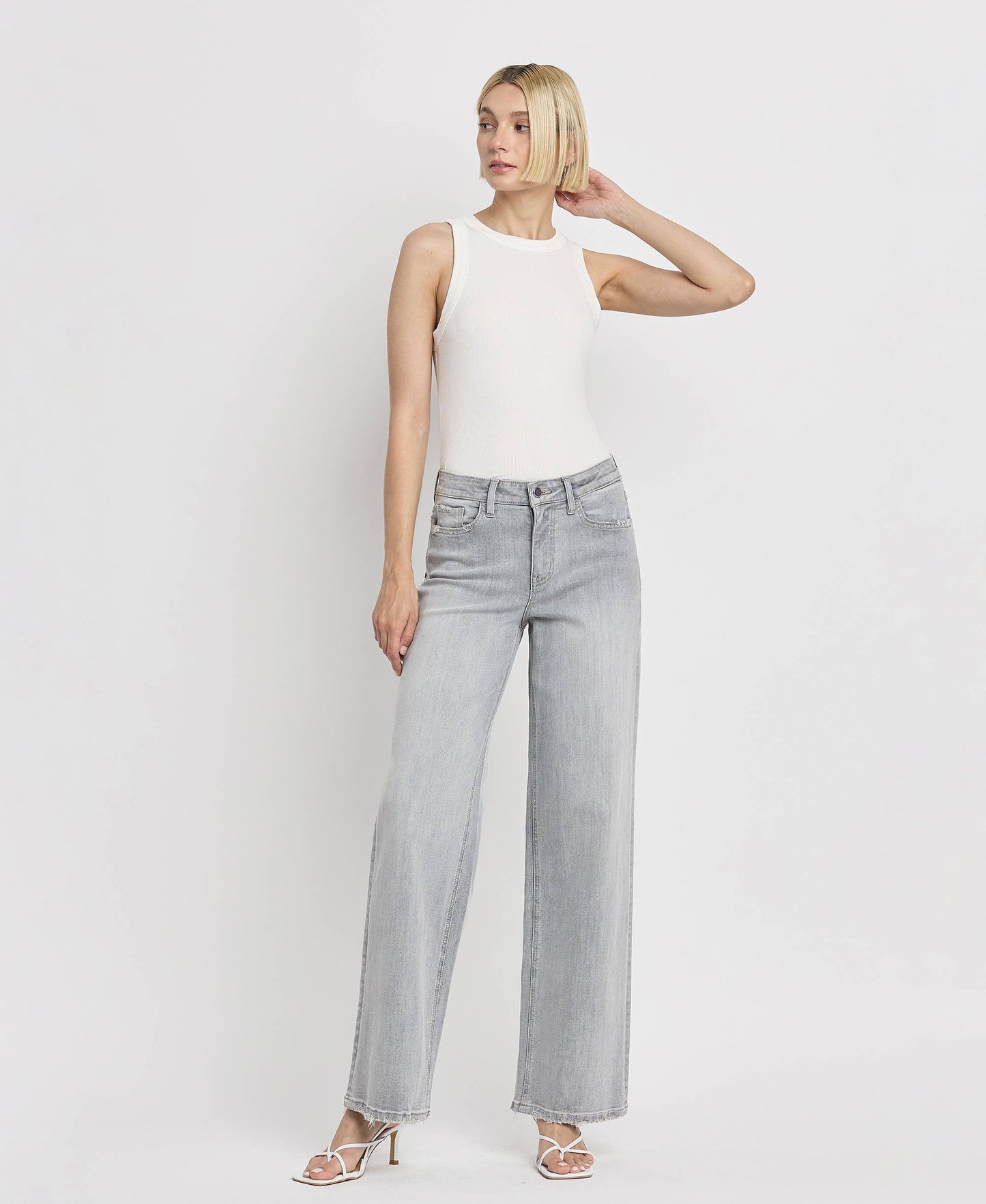 HIGH RISE LIGHT GREY FLYING MONKEY WIDE LEG JEANS