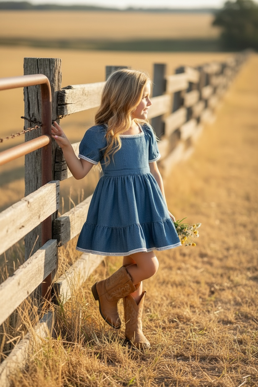 Denim blue Wide flare denim dress with white lace hem.