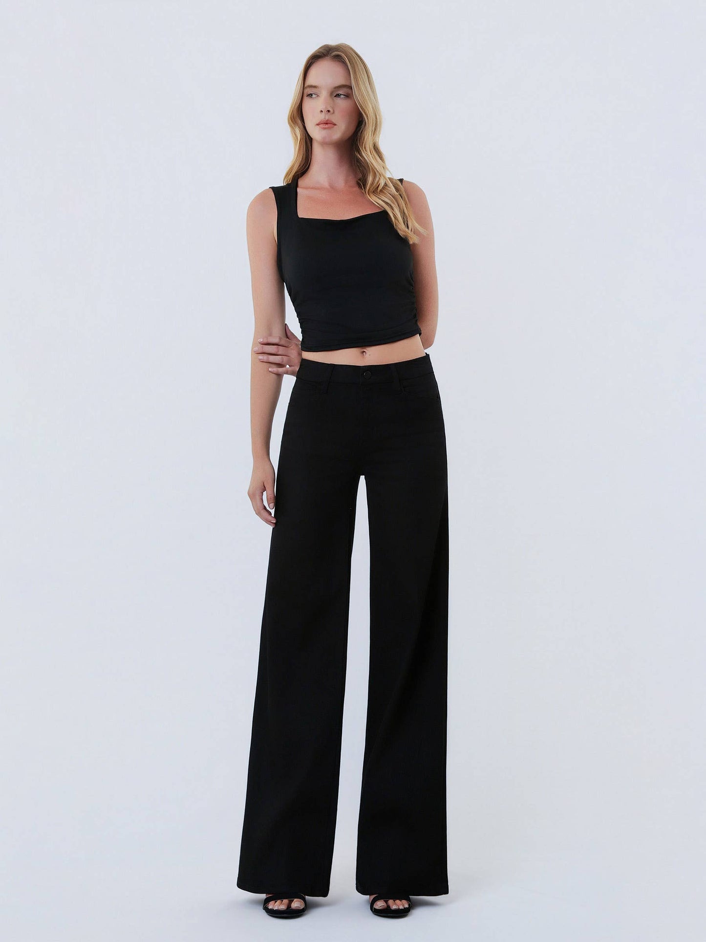 HIGH RISE TROUSER PRESSED BLACK WIDE LEG JEANS