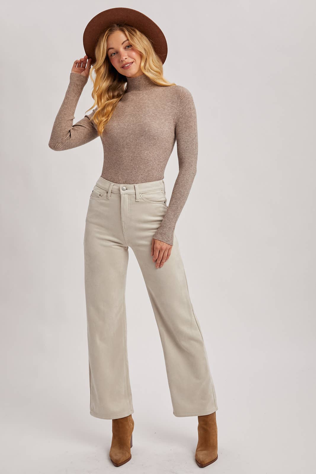 WHOLEGARMENT MOCK NECK RIBBED KNIT TOP