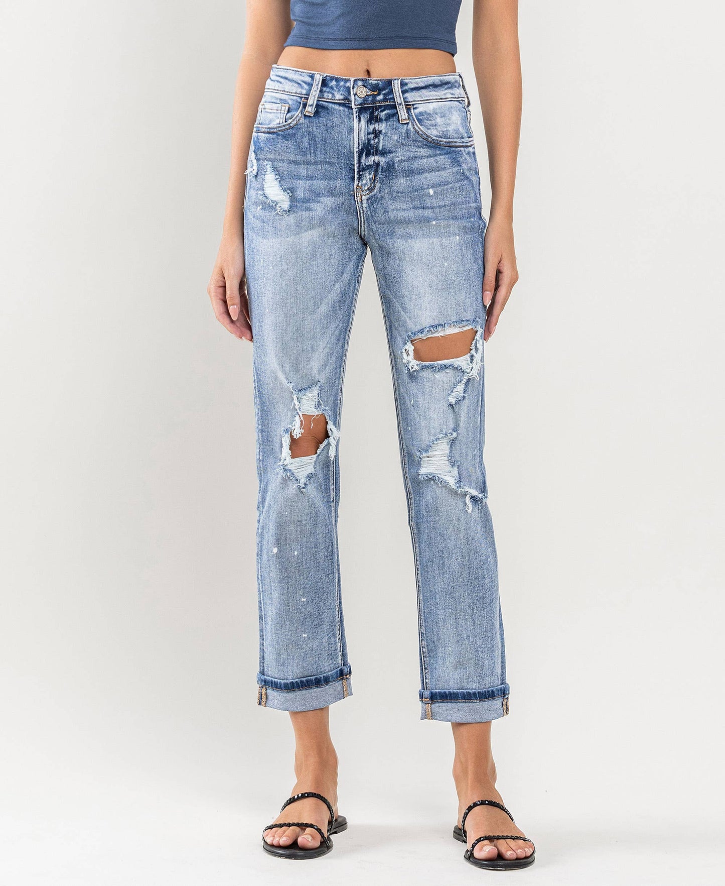 HIGH RISE PAINT SPLATTER CUFFED BOYFRIEND JEANS