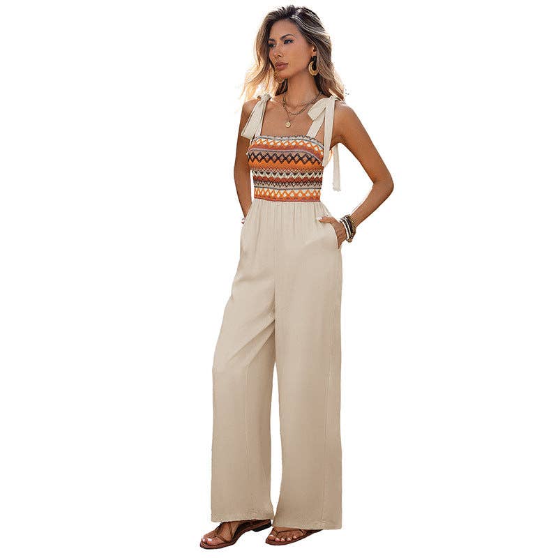 Women’s Boho Embroidered Smocked Jumpsuit Wide Leg