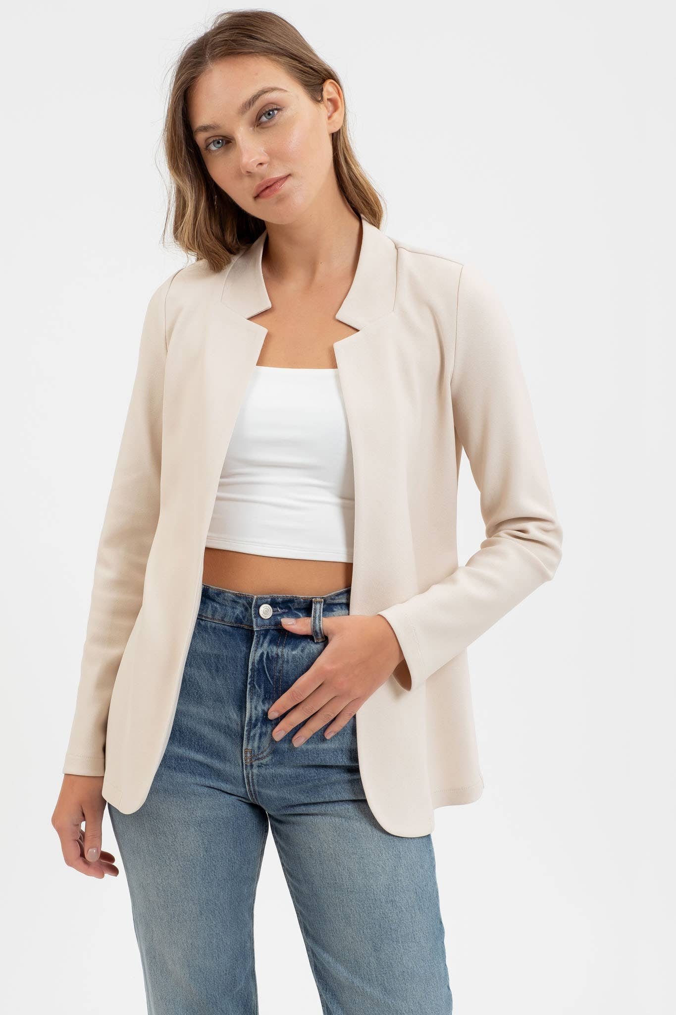 NOTCH COLLAR LONG SLEEVE LONG LINE BLAZER
