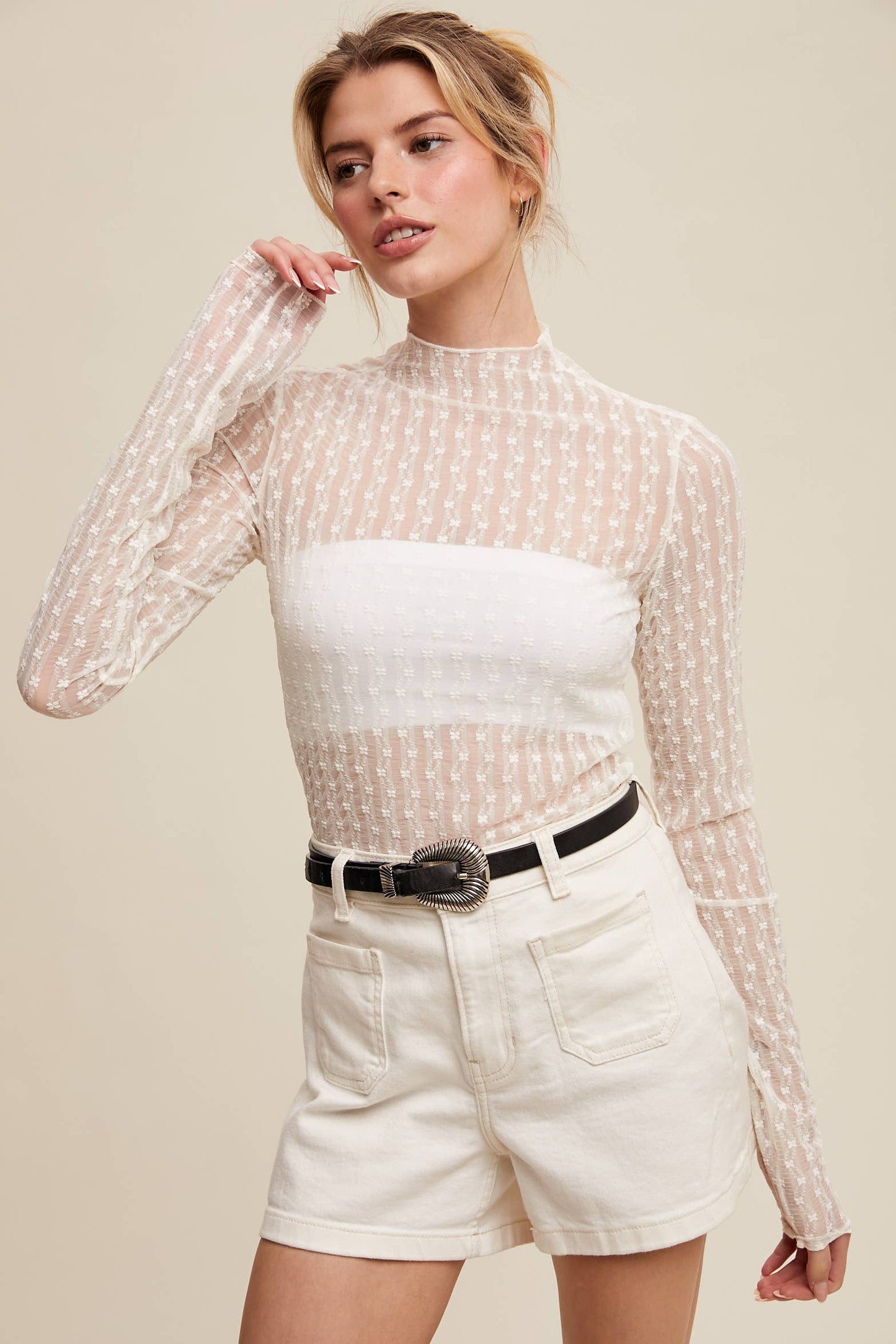 Semi Sheer Textured Lace Long-Sleeve Layering Top