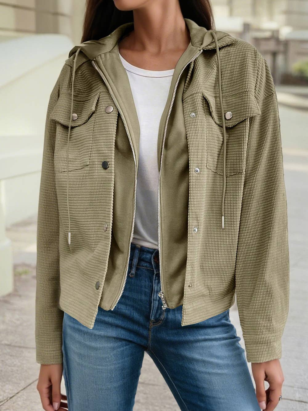 Solid Color Contrast Textured Patchwork Flap Pocket Shacket
