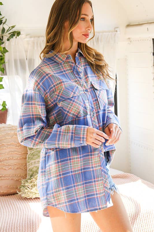 Collared Pocket Detail Roll-Up Sleeve Plaid Shirt VT70146E