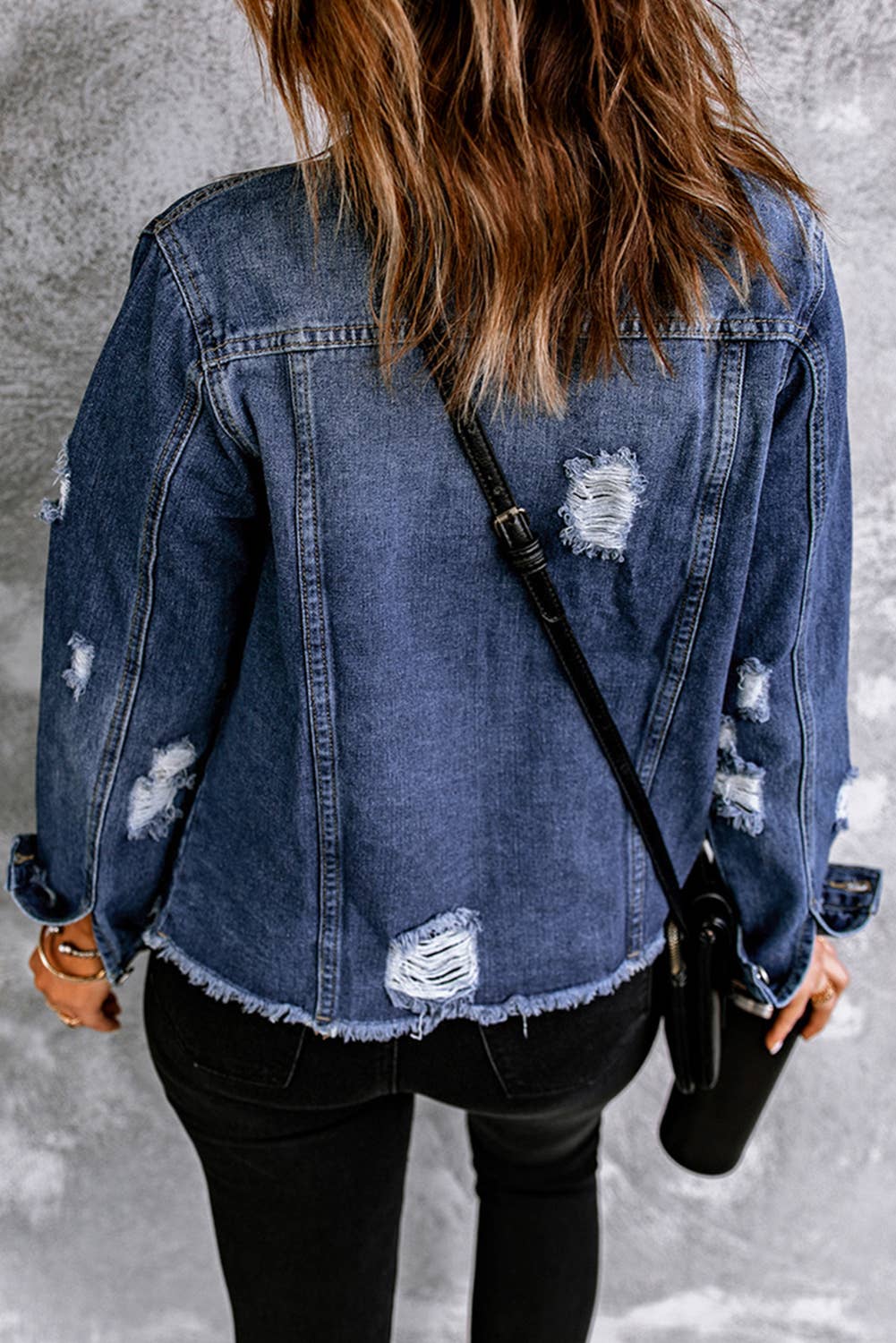 Lapel Distressed Raw Hem Buttons Denim Jacket