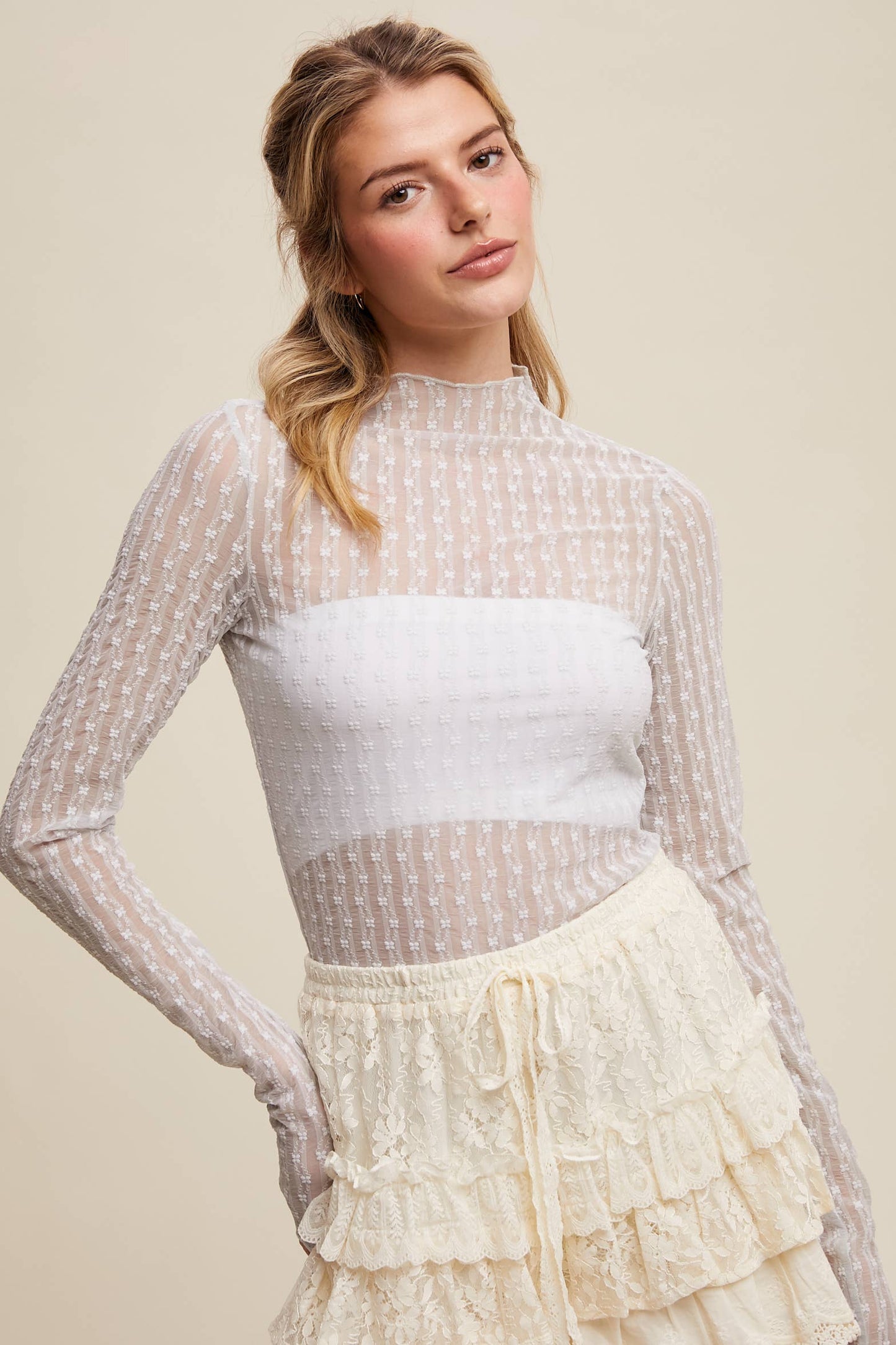 Semi Sheer Textured Lace Long-Sleeve Layering Top