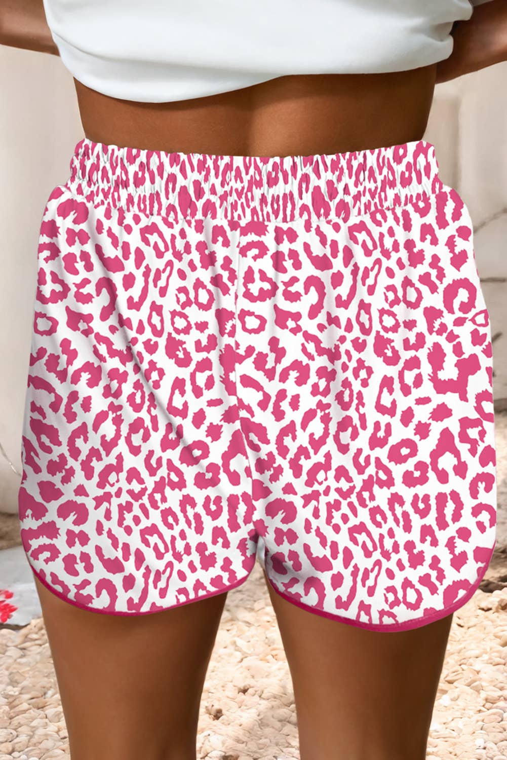 Leopard Elastic Waist Lace up Contrast Trim Casual Short