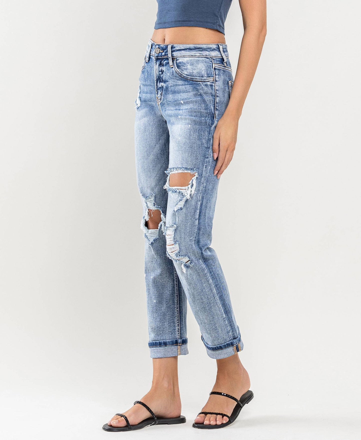 HIGH RISE PAINT SPLATTER CUFFED BOYFRIEND JEANS