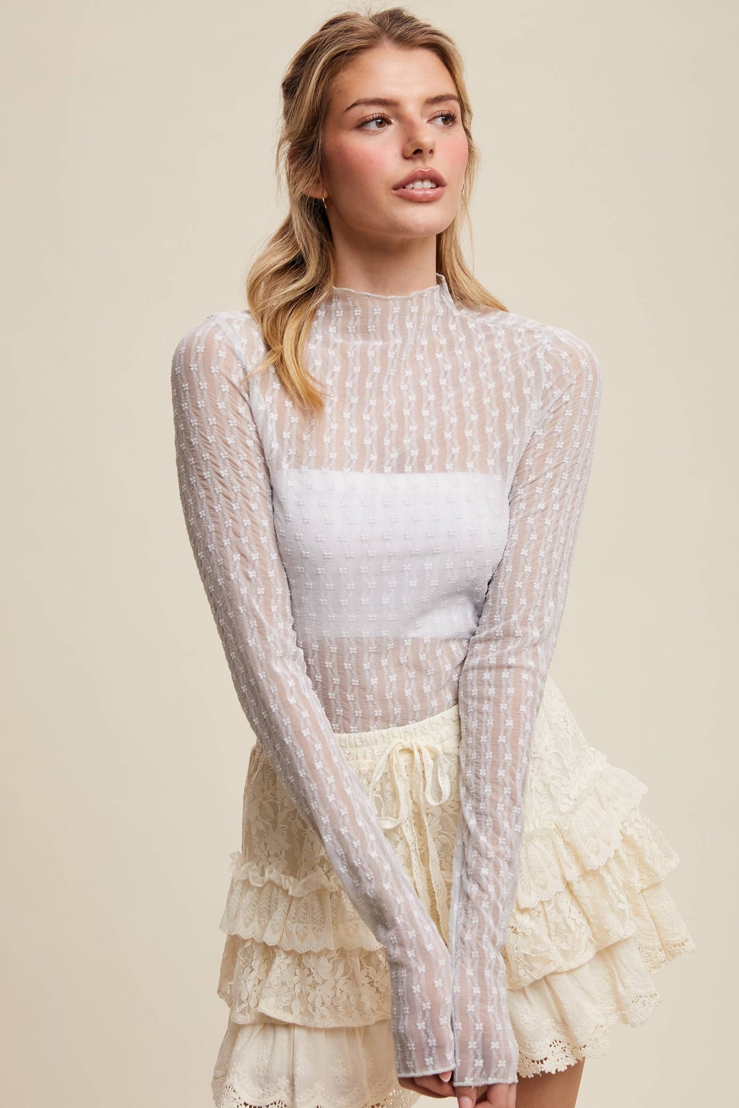 Semi Sheer Textured Lace Long-Sleeve Layering Top