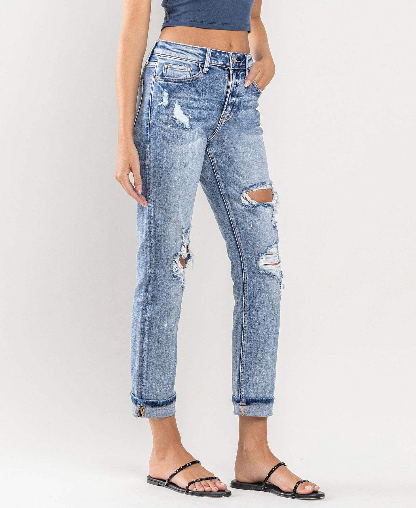 HIGH RISE PAINT SPLATTER CUFFED BOYFRIEND JEANS