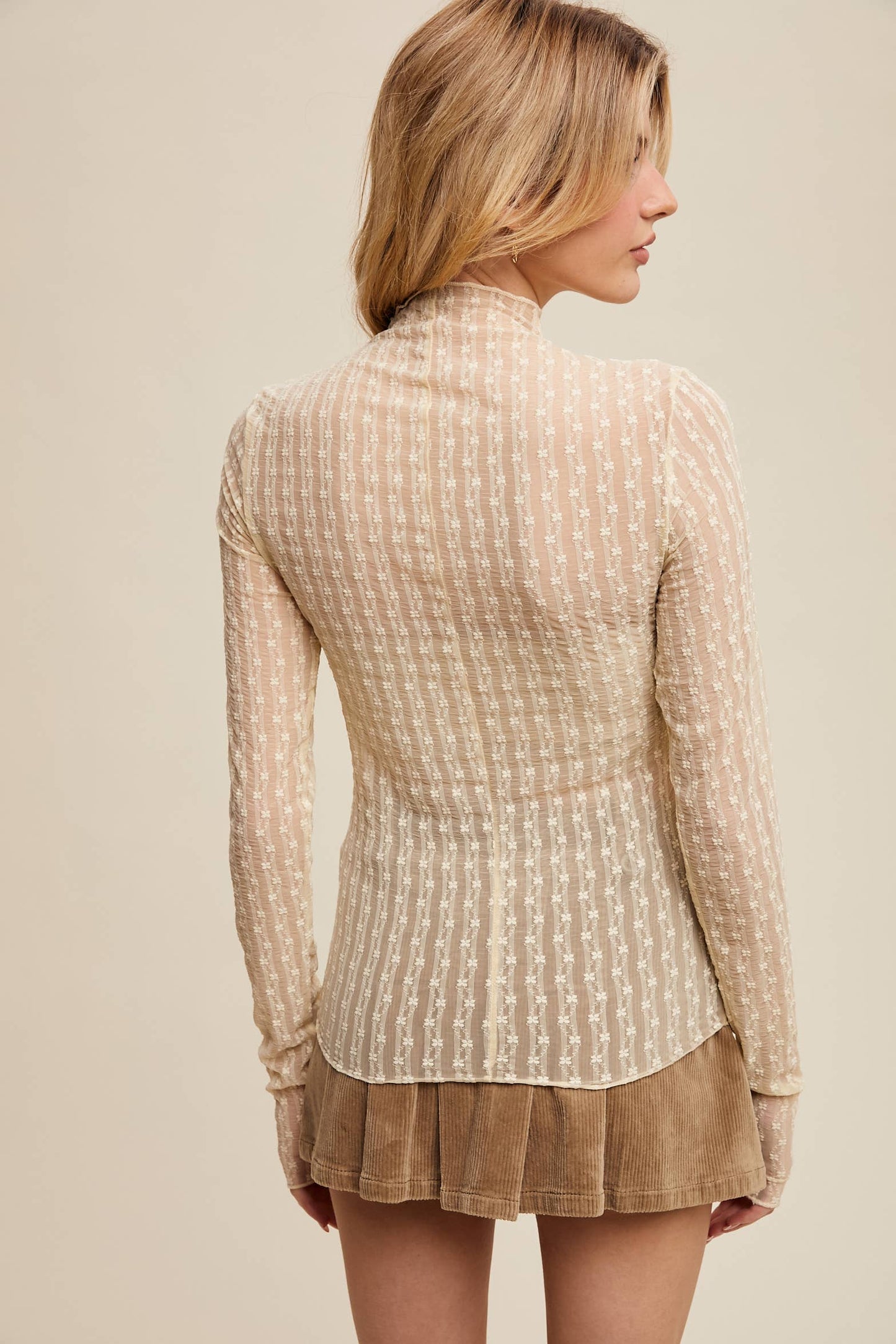 Semi Sheer Textured Lace Long-Sleeve Layering Top