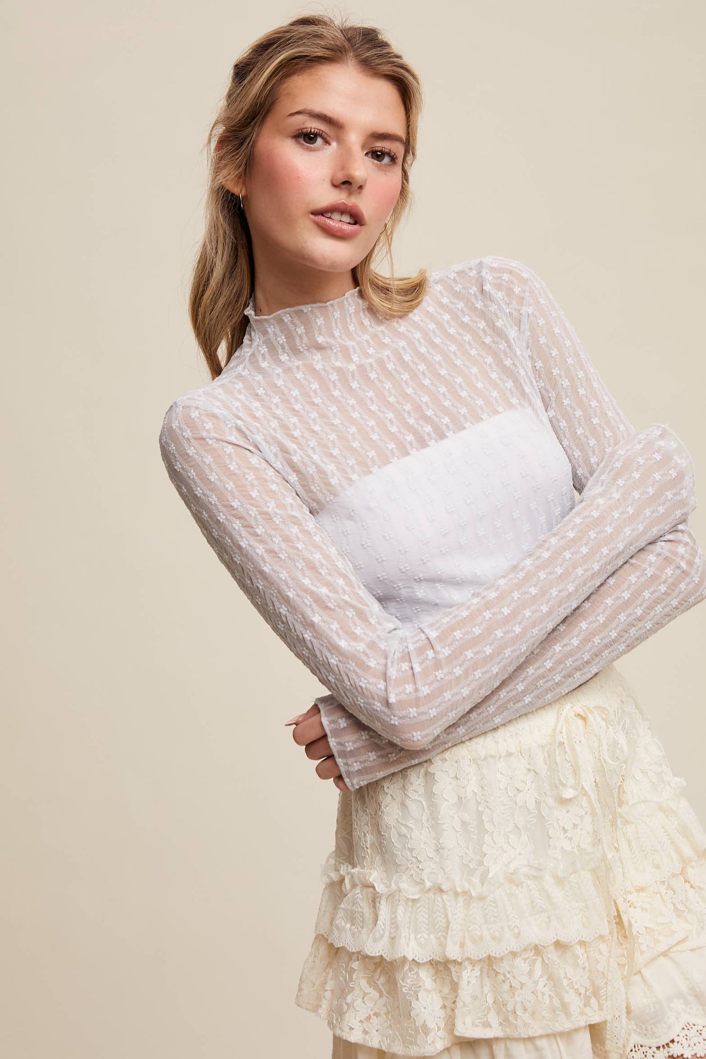 Semi Sheer Textured Lace Long-Sleeve Layering Top