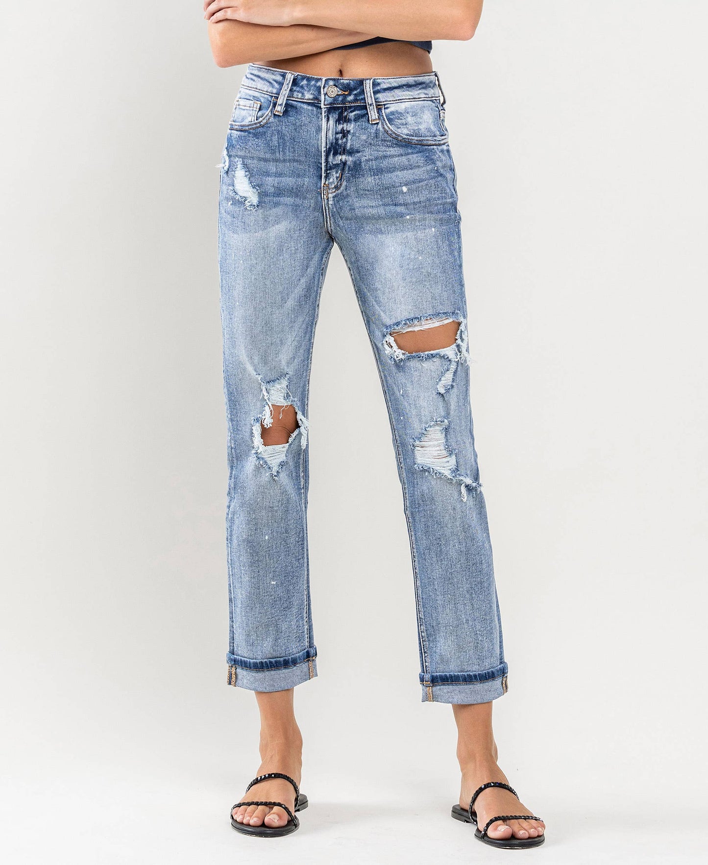 HIGH RISE PAINT SPLATTER CUFFED BOYFRIEND JEANS