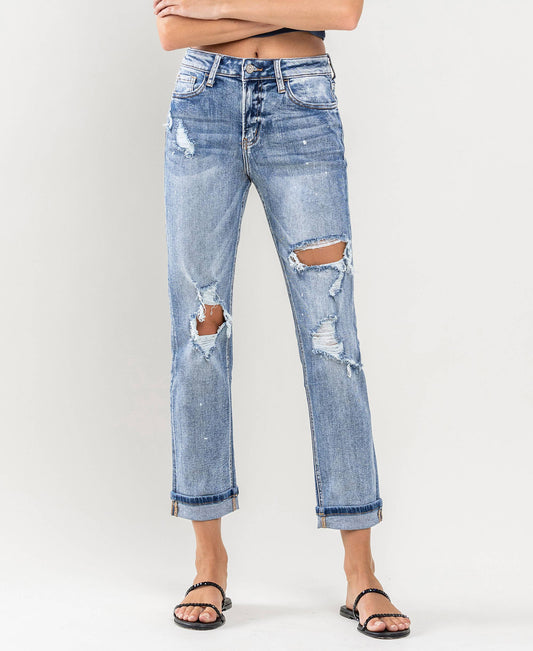 HIGH RISE PAINT SPLATTER CUFFED BOYFRIEND JEANS