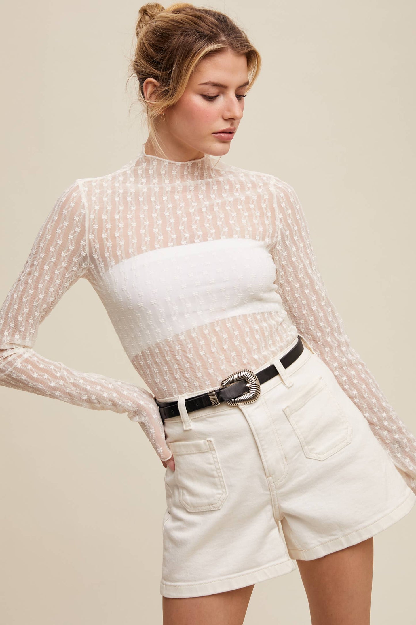 Semi Sheer Textured Lace Long-Sleeve Layering Top