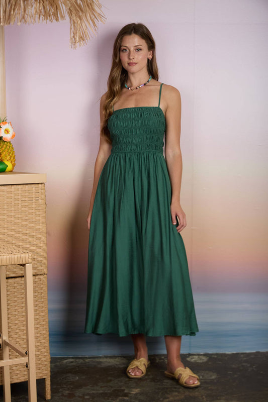 SHIRRED BODICE SPAGHETTI STRAP MIDI DRESS
