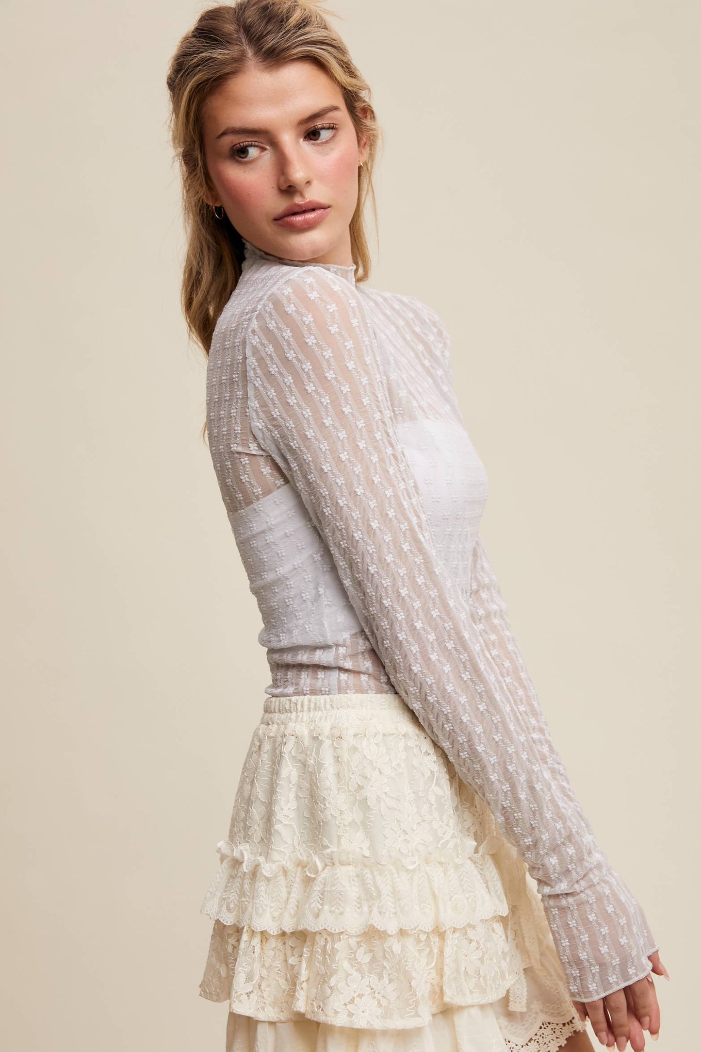 Semi Sheer Textured Lace Long-Sleeve Layering Top