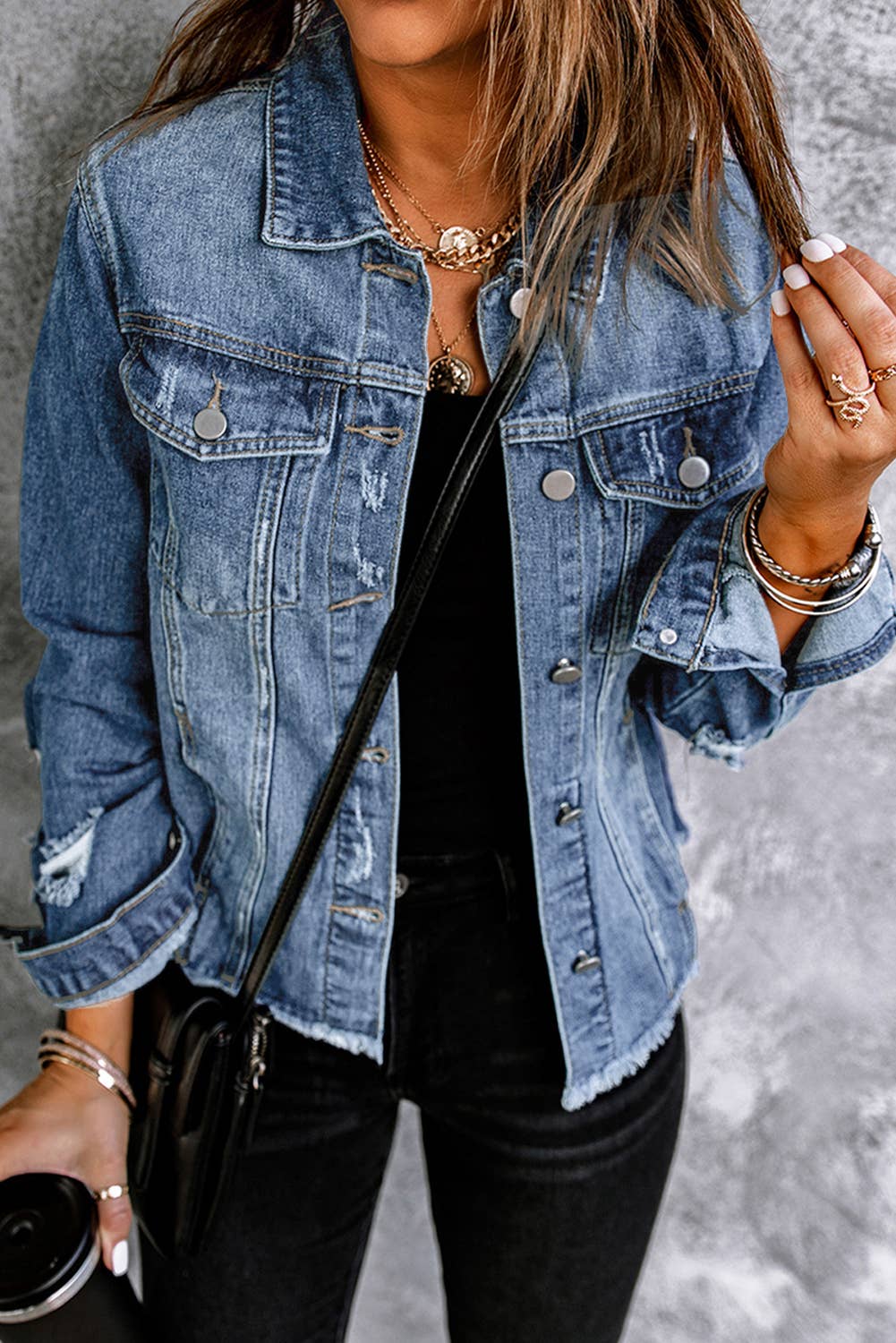 Lapel Distressed Raw Hem Buttons Denim Jacket