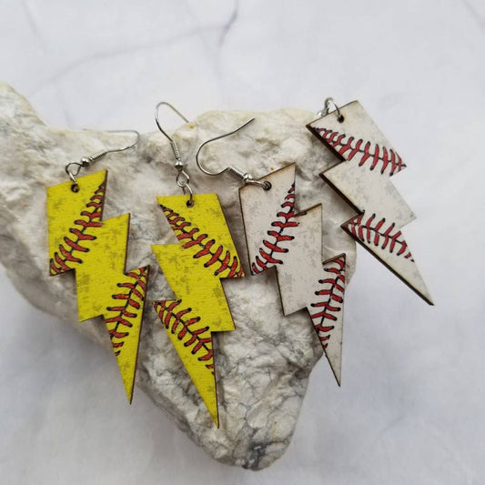 Wooden Lightning Bolt Baseball Earrings
