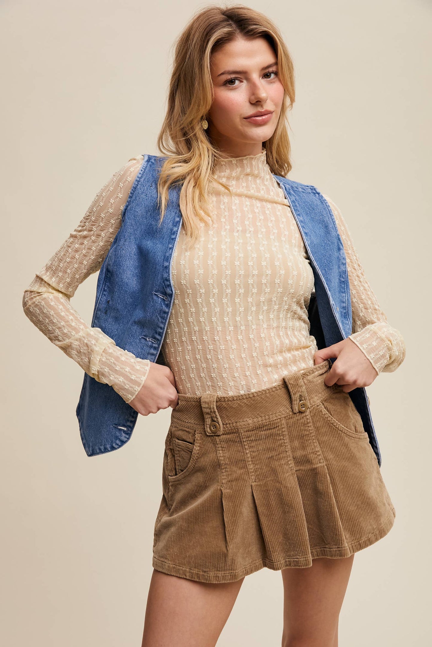 Semi Sheer Textured Lace Long-Sleeve Layering Top