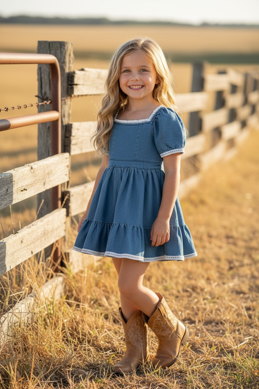 Denim blue Wide flare denim dress with white lace hem.