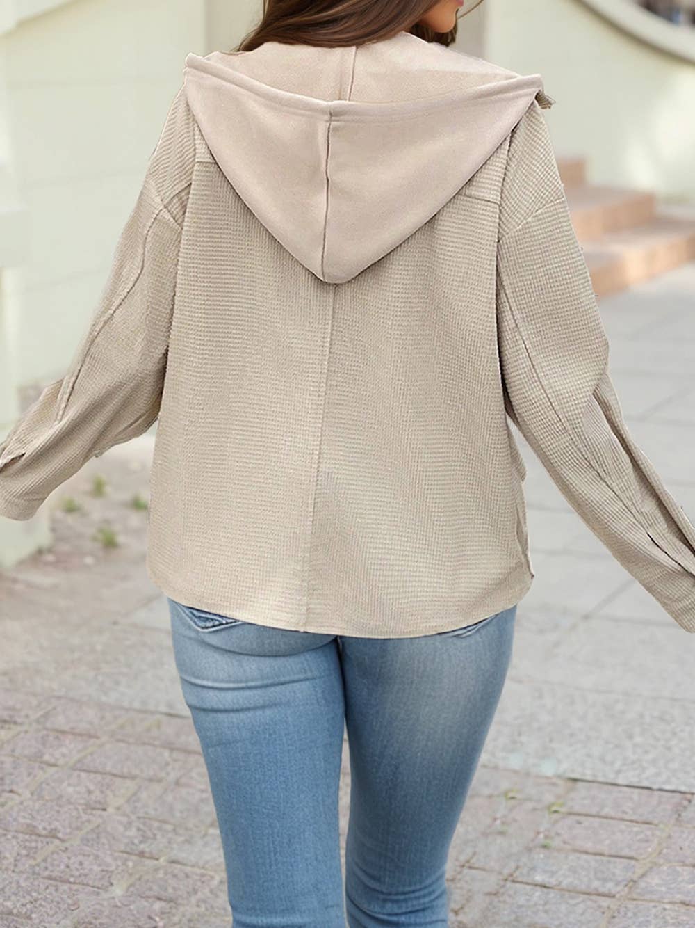 Solid Color Contrast Textured Patchwork Flap Pocket Shacket