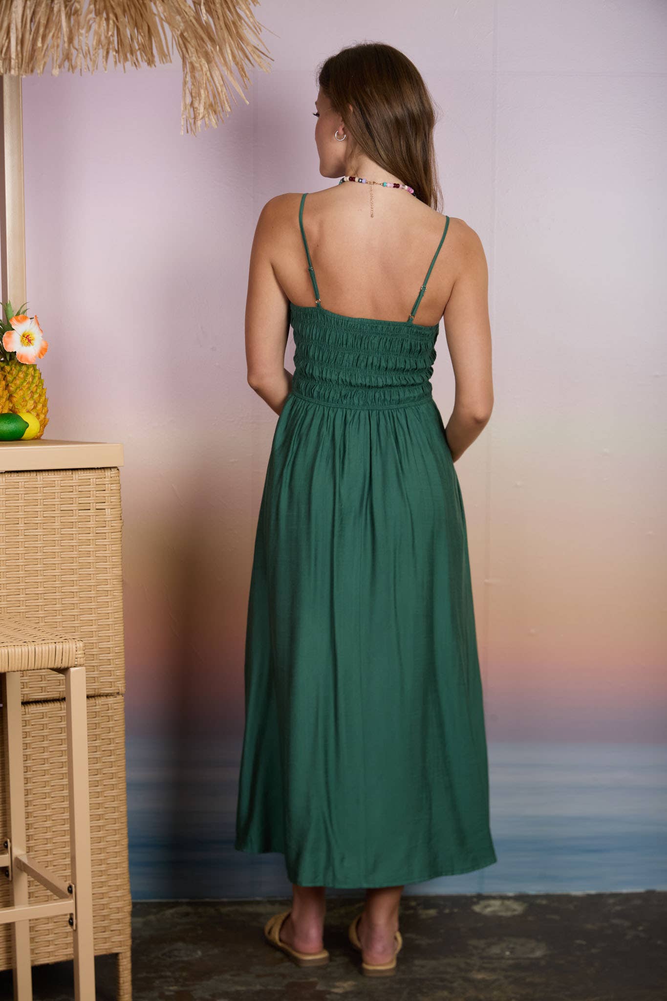 SHIRRED BODICE SPAGHETTI STRAP MIDI DRESS