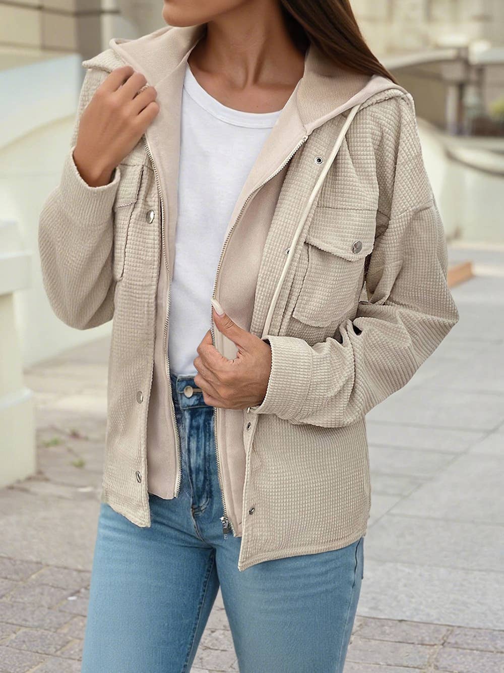 Solid Color Contrast Textured Patchwork Flap Pocket Shacket