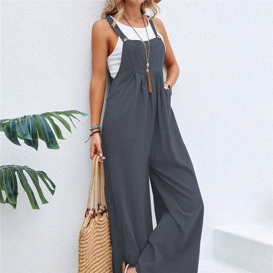 Solid Color Casual Suspender Trousers