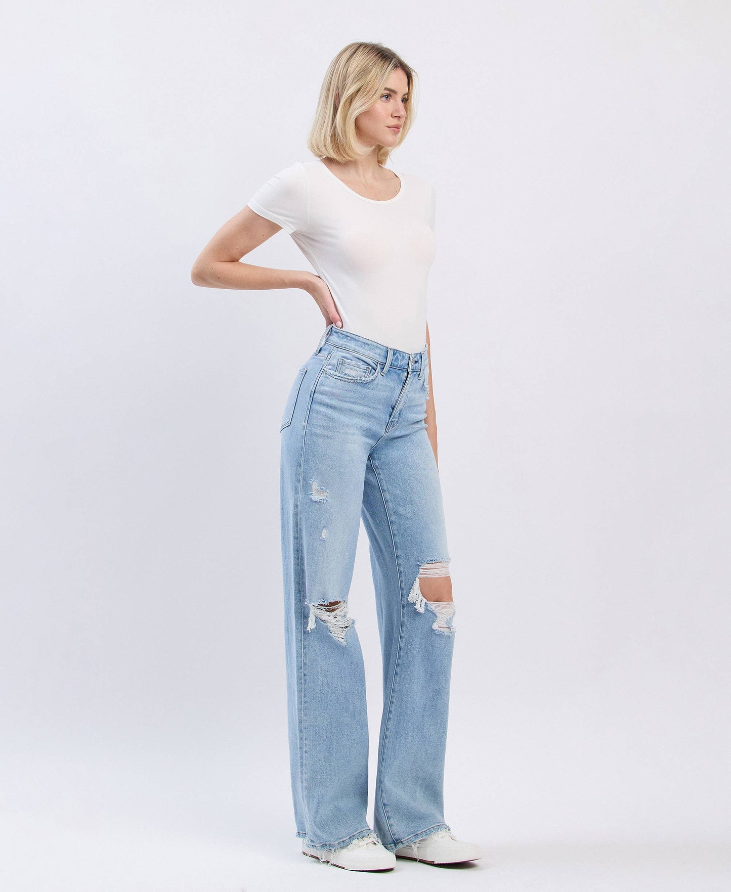High Rise Distressed Wide Leg Jeans