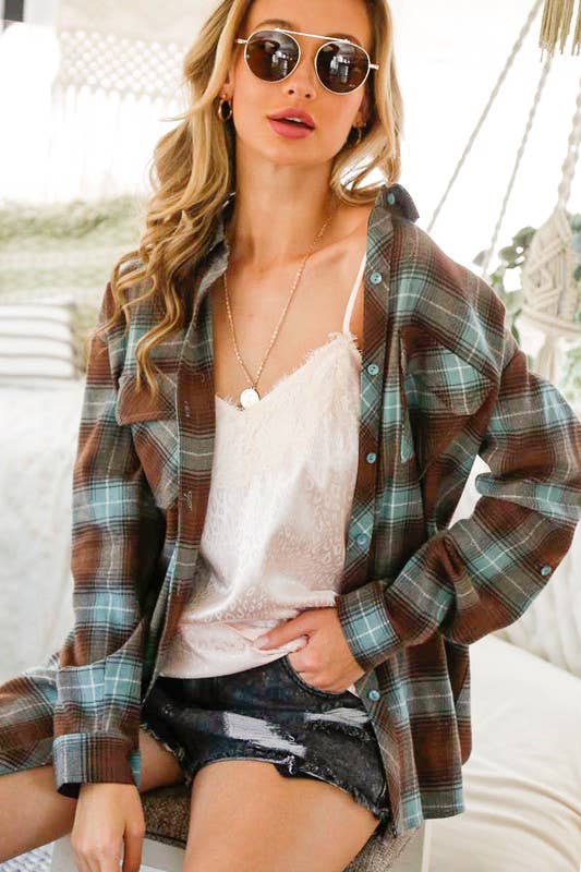 Collared Pocket Detail Roll-Up Cotton Plaid Shirt VT70146C