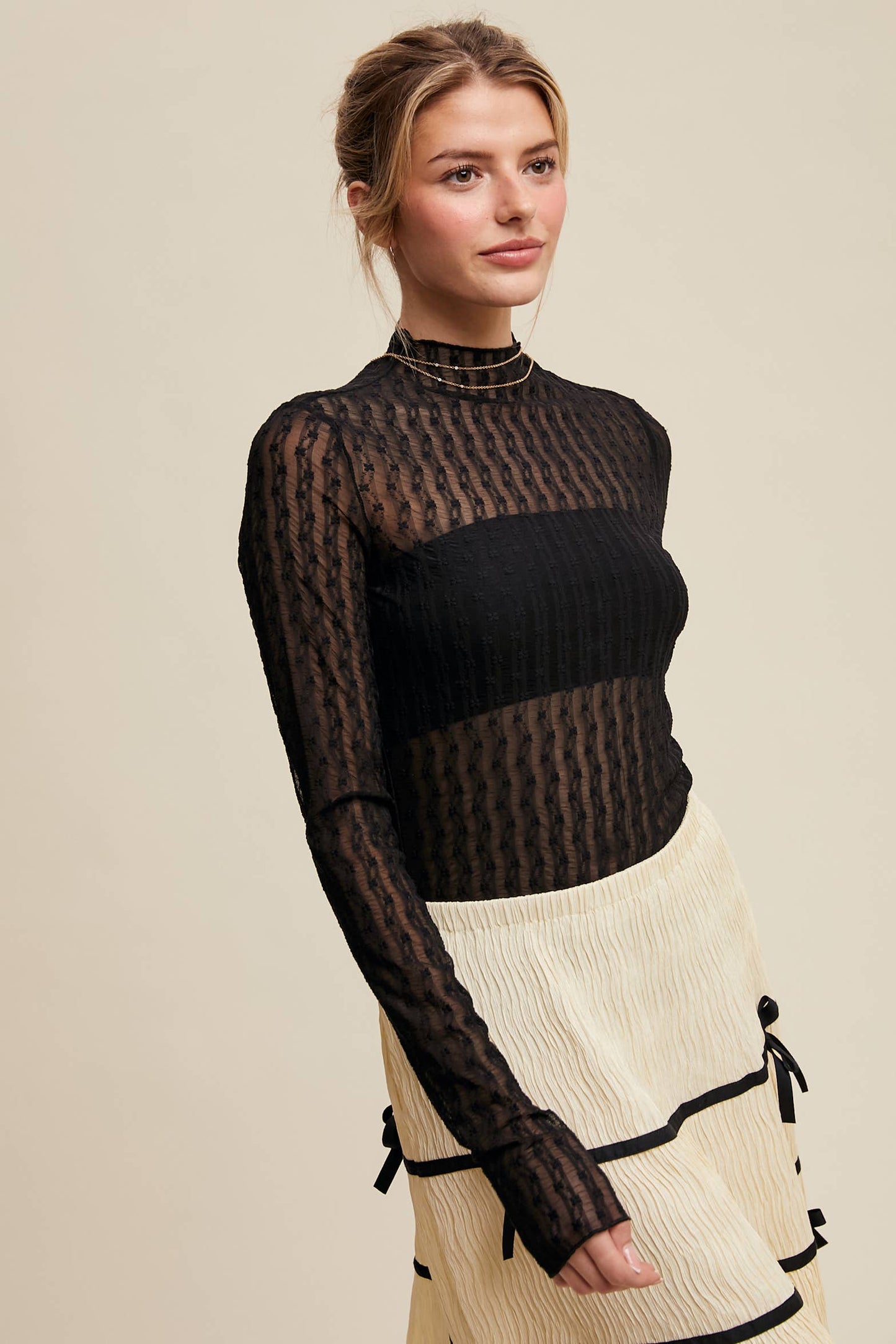 Semi Sheer Textured Lace Long-Sleeve Layering Top