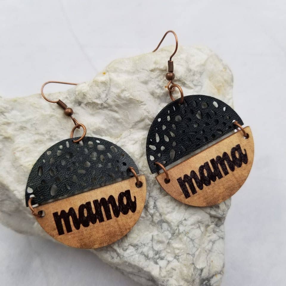 Mixed Leather Wood Mama Earrings - Mother's Day
