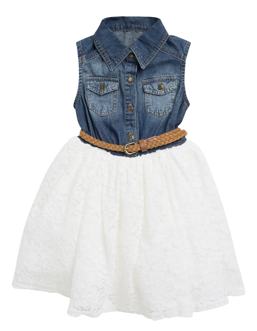 GIRLS S/LESS BELTED DRESS DENIM AND LACE