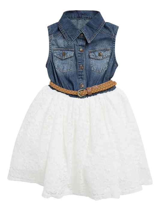 GIRLS S/LESS BELTED DRESS DENIM AND LACE