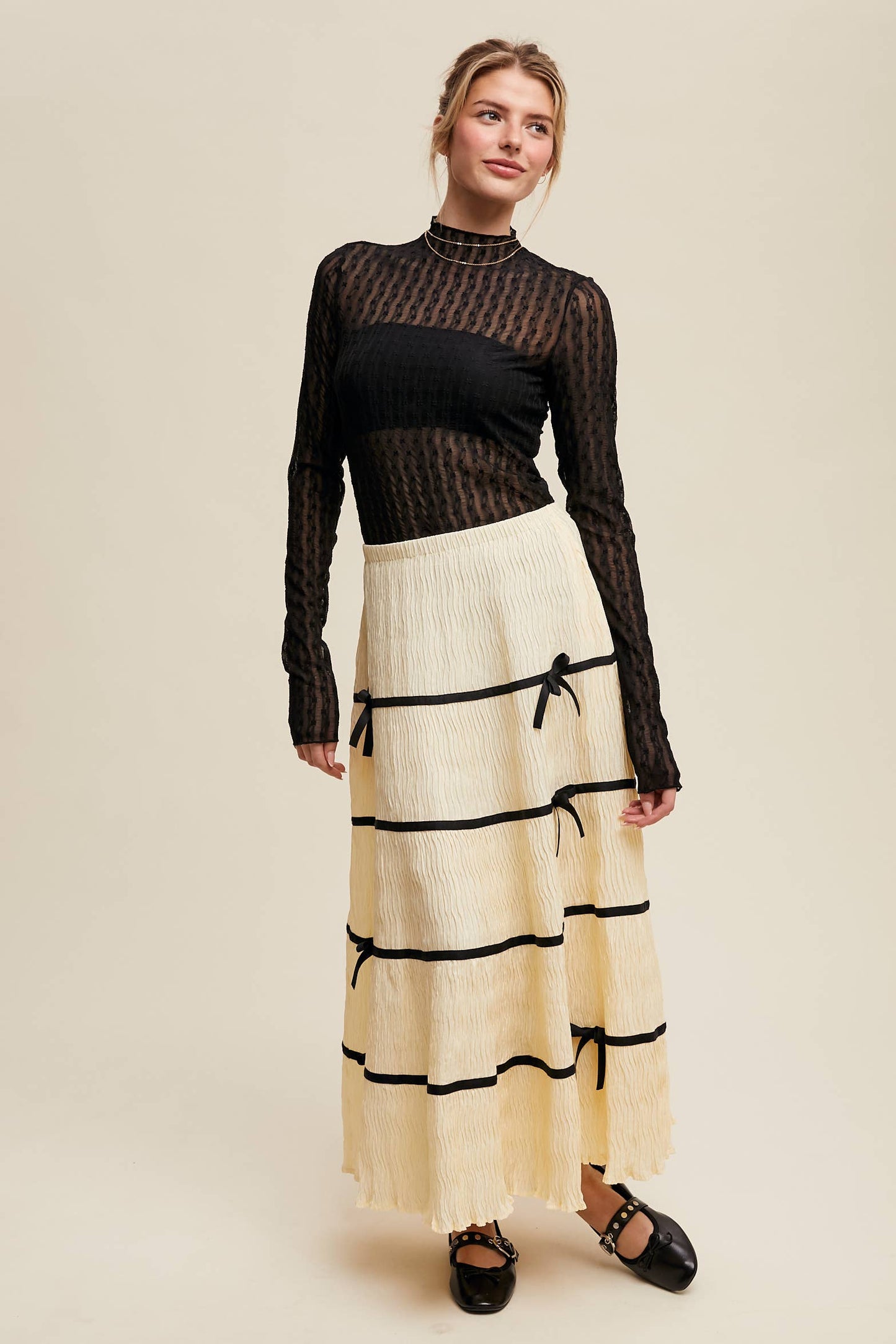Semi Sheer Textured Lace Long-Sleeve Layering Top