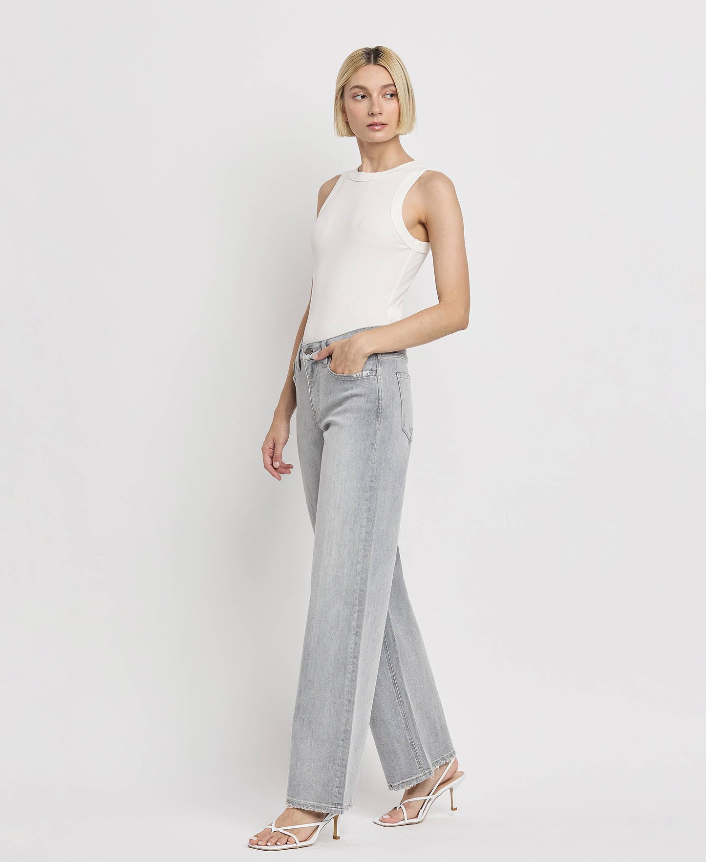 HIGH RISE LIGHT GREY FLYING MONKEY WIDE LEG JEANS