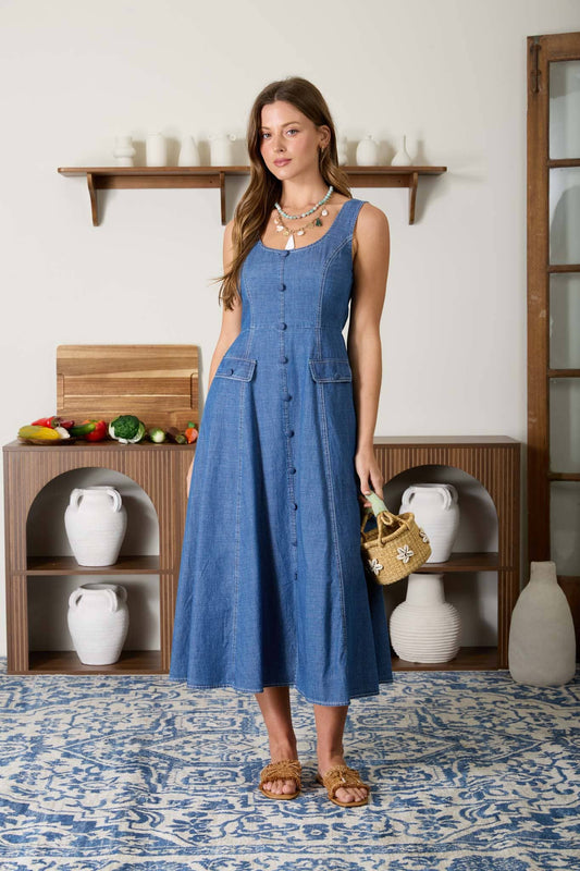 SCOOP NECK SLEEVELESS BUTTON DOWN DENIM MIDI DRESS
