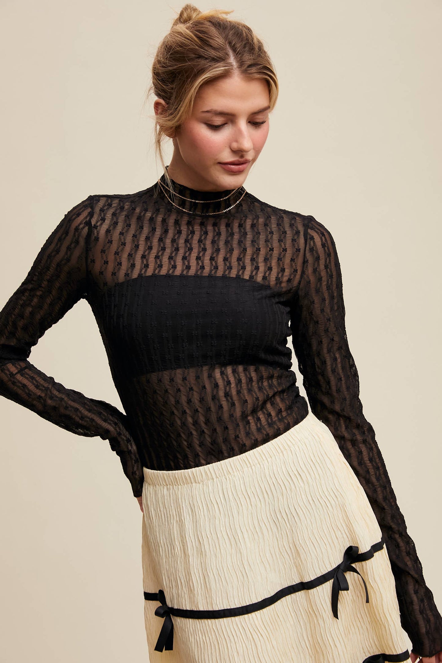 Semi Sheer Textured Lace Long-Sleeve Layering Top