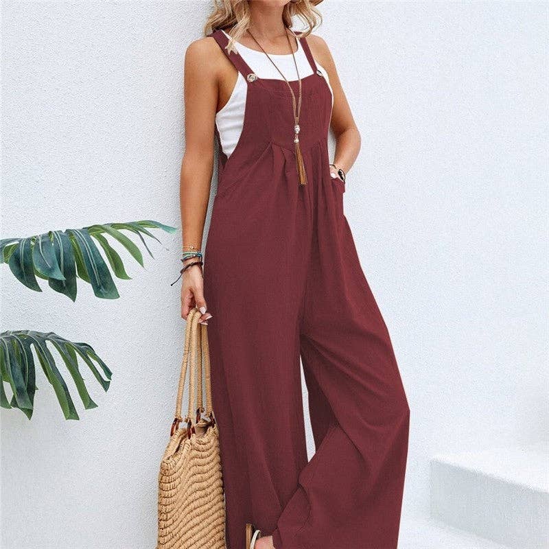 Solid Color Casual Suspender Trousers