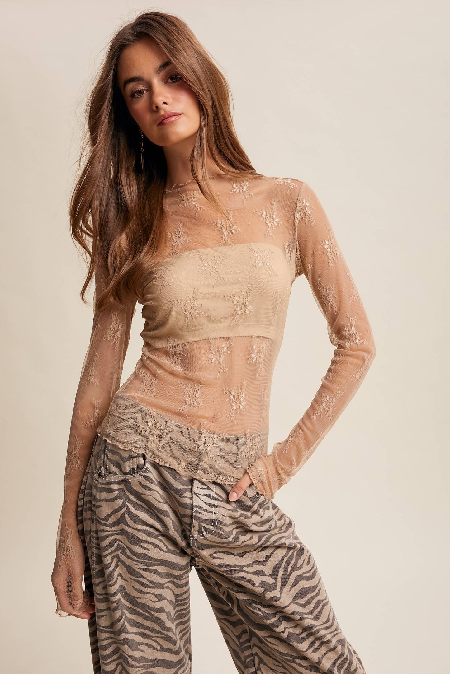 Sheer Lace Long-Sleeve Top LT1354